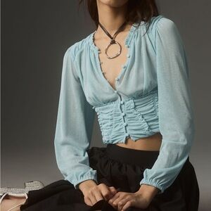 NWT Anthropologie Blue Ruched corset Style Long Sleeves ruched Blouse top